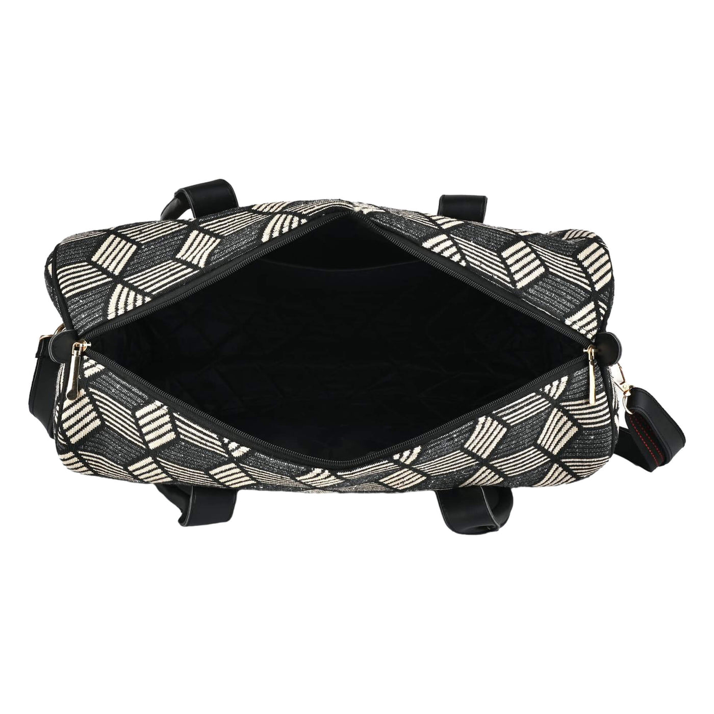 Black and white geometric patterned bag on a white background BY ENSAC