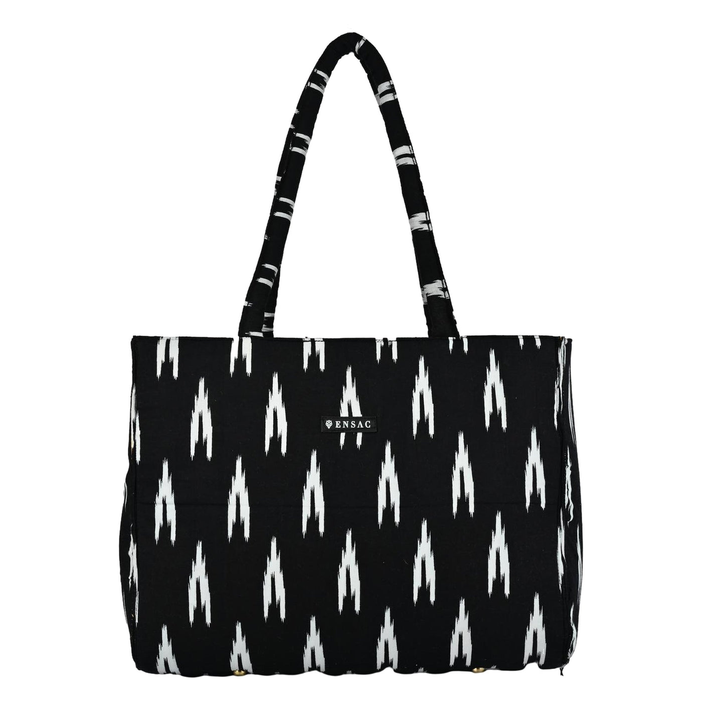 Black tote bag with white pattern and 'PENSAQ' branding on a white background BY ENSAC