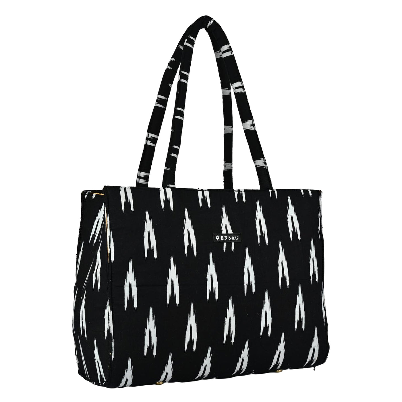 Black tote bag with white pattern on a white background BY ENSAC