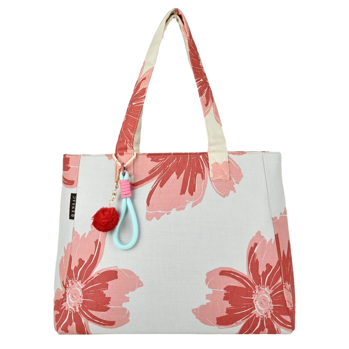 Floral tote bag with a pom-pom charm on a white background by ENSAC