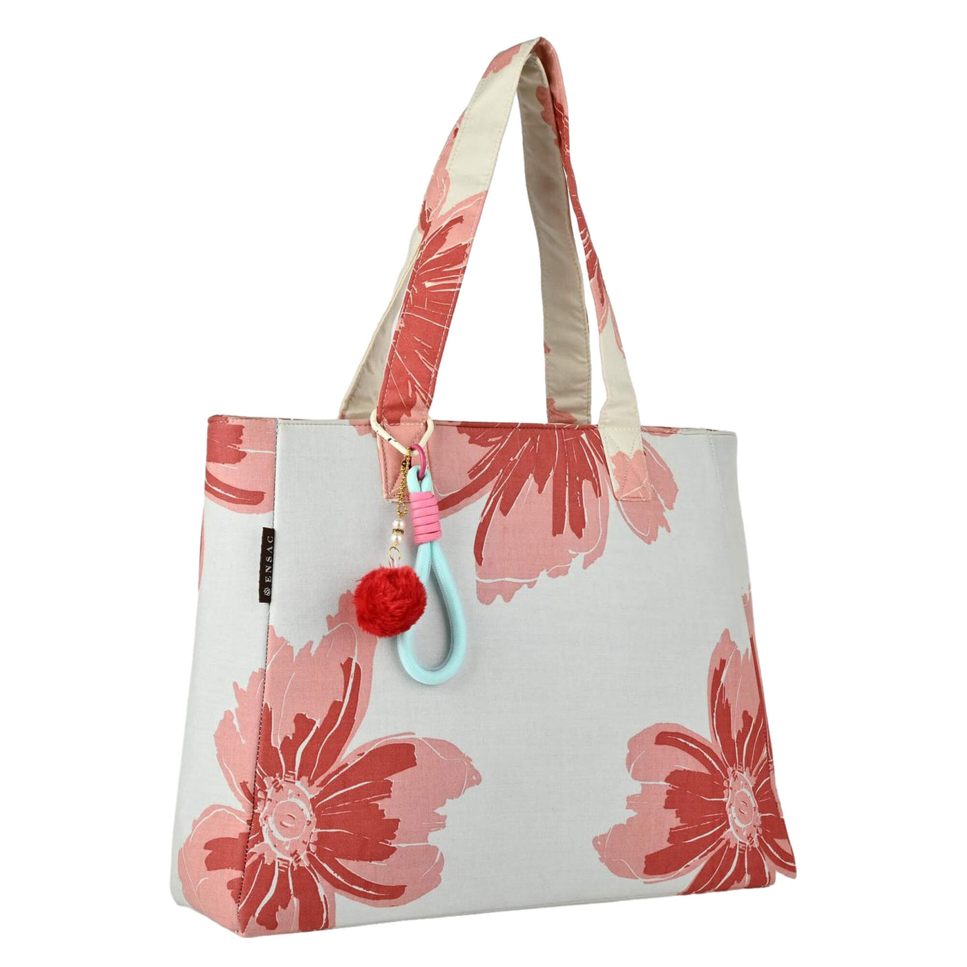 Tote bag with red floral pattern on a white background BY ENSAC