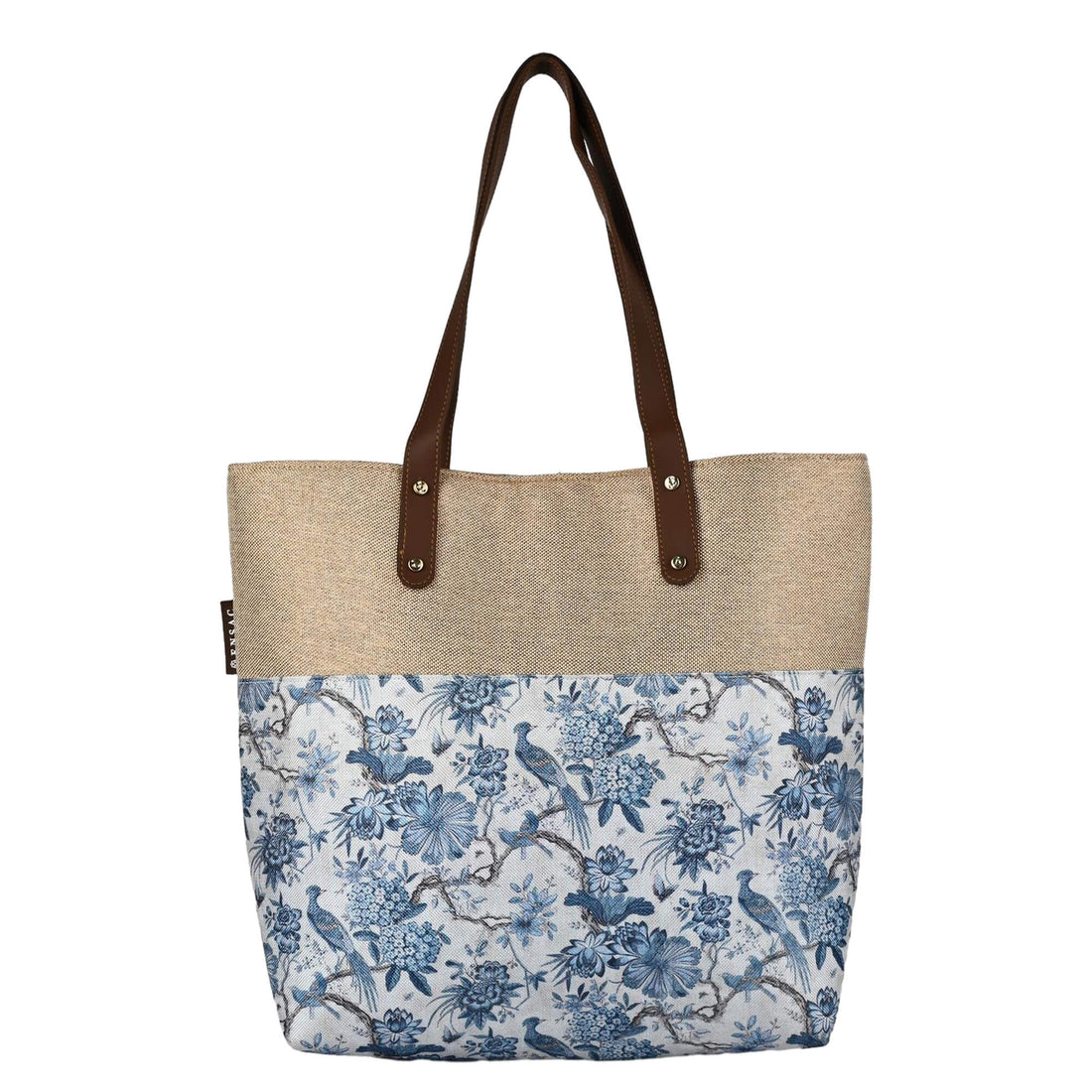 Woman holding a floral tote bag against a beige background  by ENSAC