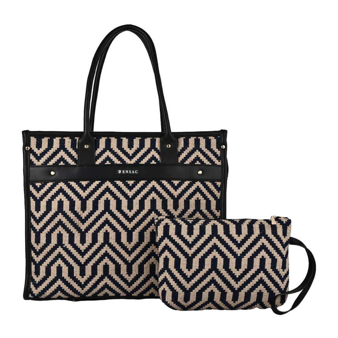 Woman holding a black and beige patterned handbag against a beige background  by ENSAC