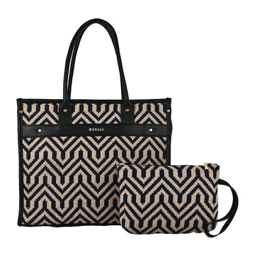 Black and beige patterned tote bag with matching pouch on a white  background by ENSAC