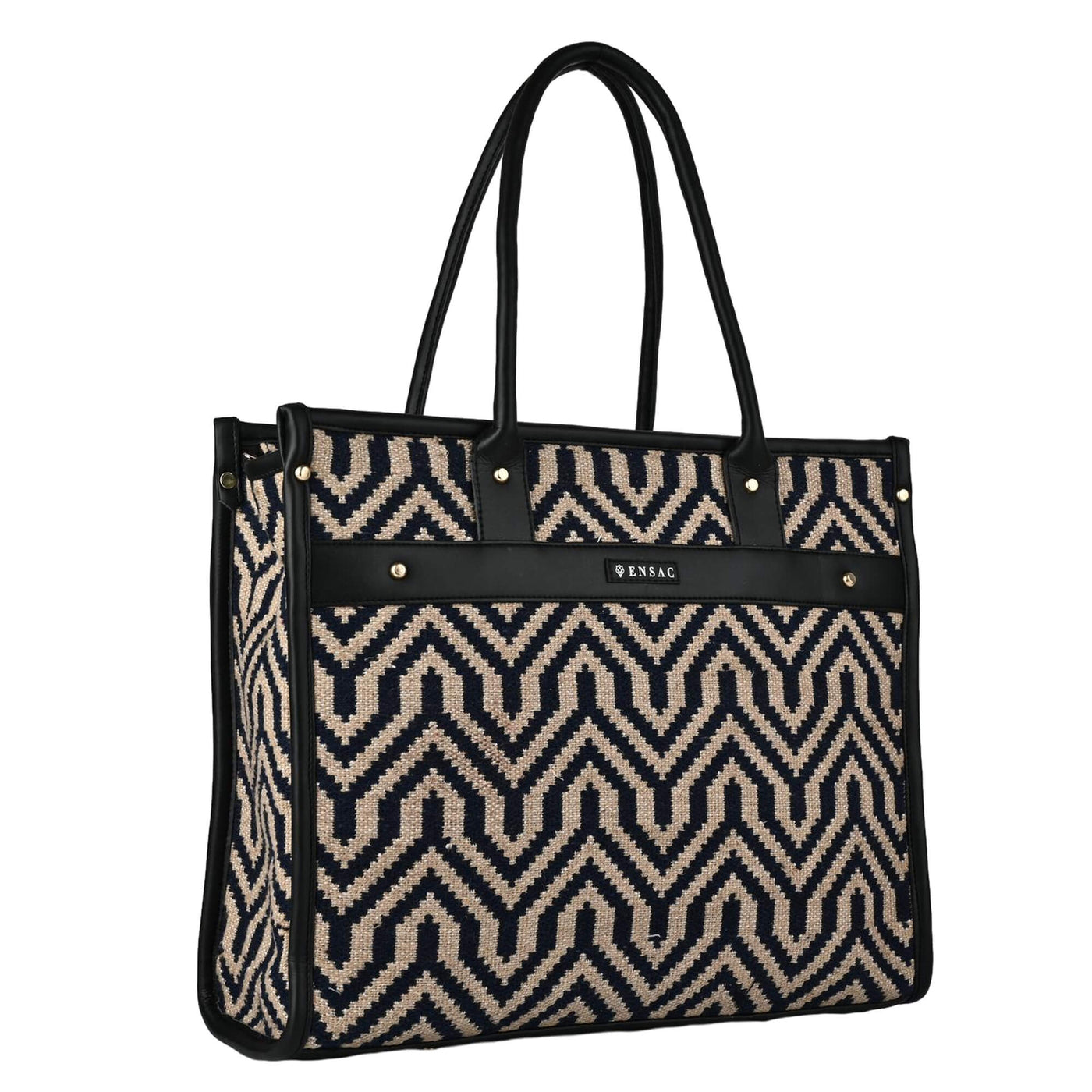 Tote bag with black and beige zigzag pattern on a white  BY ENSAC