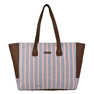 Tote bag with brown handle and patterned fabric on a white background by ENSAC