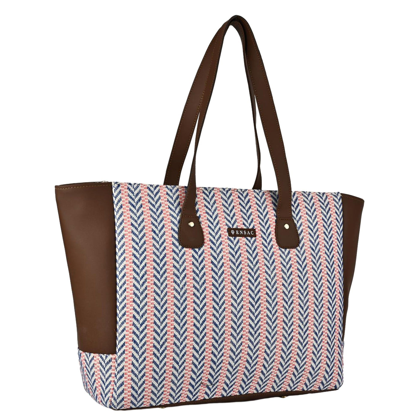 Tote bag with brown handles and a patterned design on a white background BY ENSAC