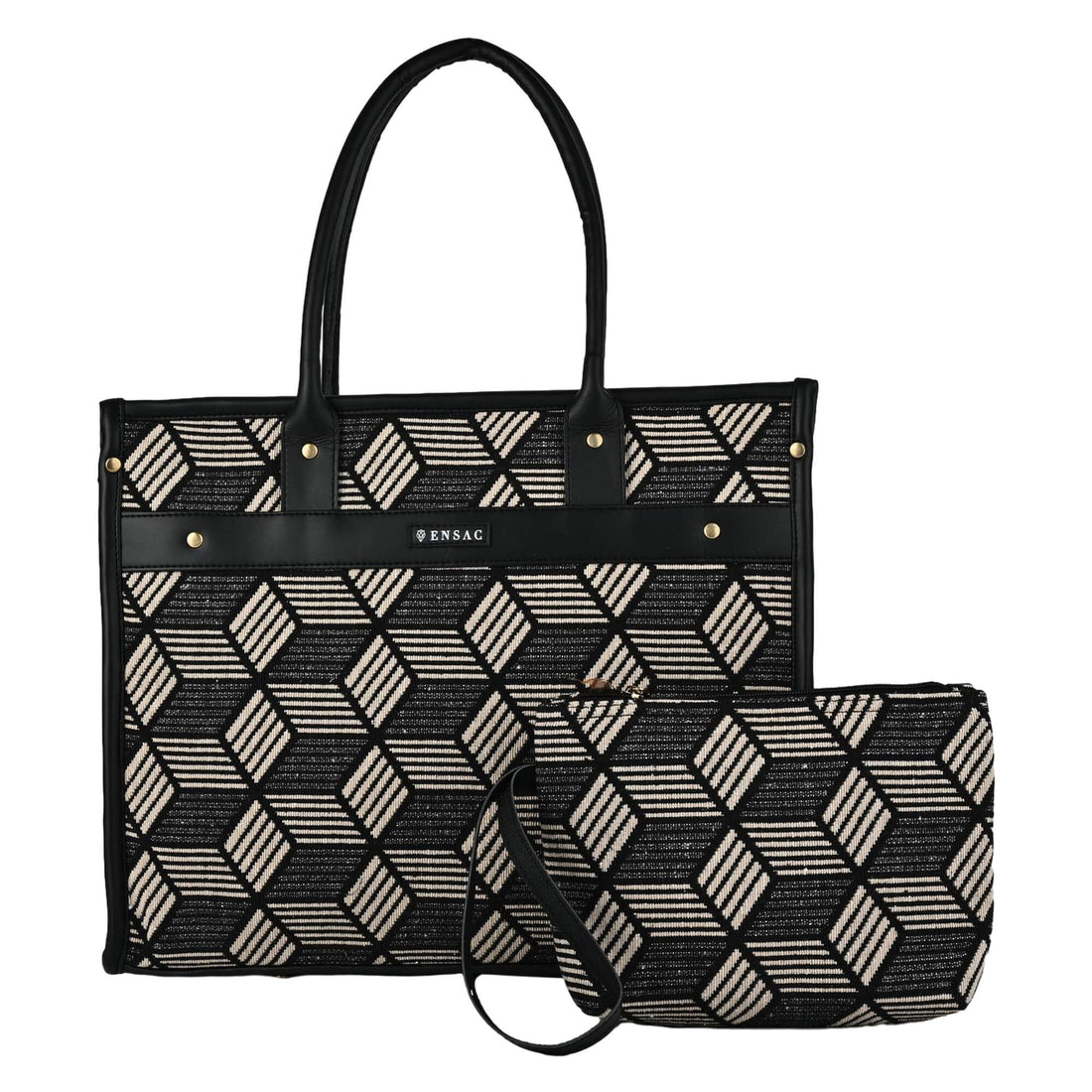 Woman holding a black and beige patterned handbag against a beige background  by ENSAC