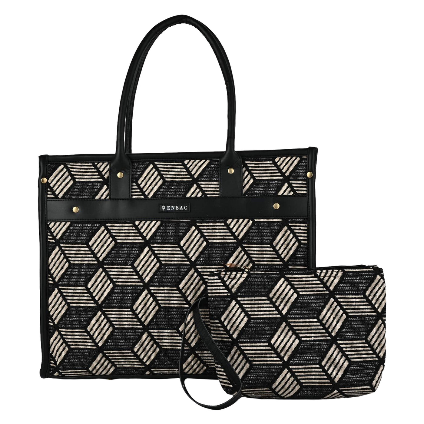 Black and white geometric patterned tote bag with matching pouch on a white background by ENSAC