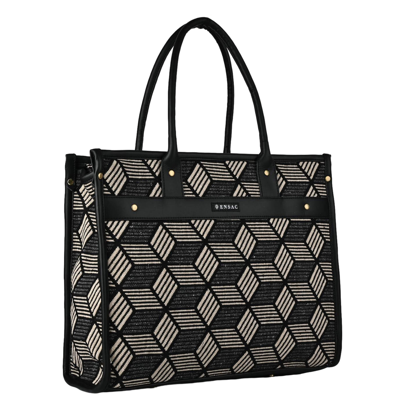 Black and white patterned tote bag with visible brand name on a white background BY ENSAC