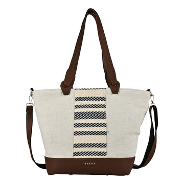 Canvas tote bag with brown accents and a striped pattern on a white background by ENSAC