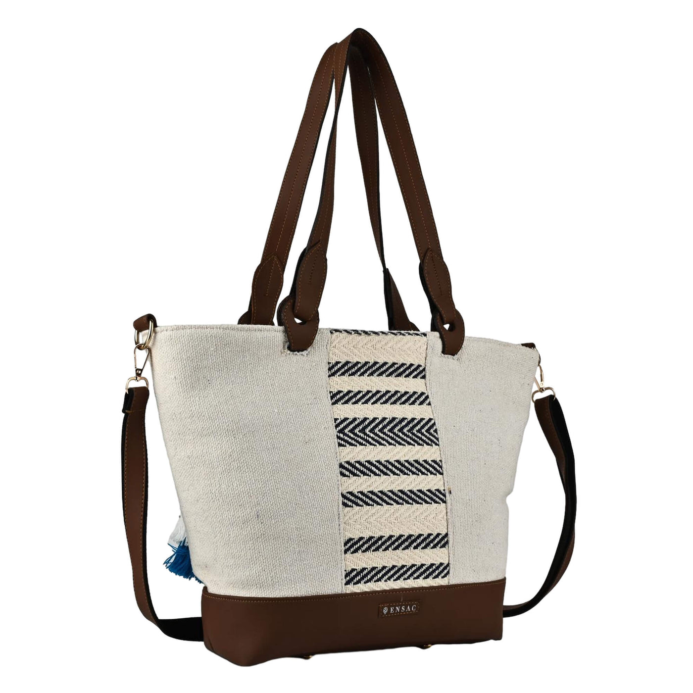 Tote bag with brown straps and a striped pattern on a white background BY ENSAC
