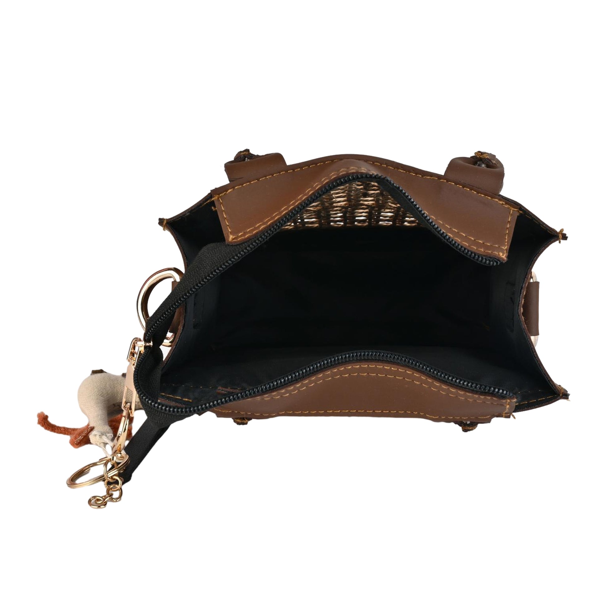 Boho Chic Brown Sling Bag with Natural Rattan Weave