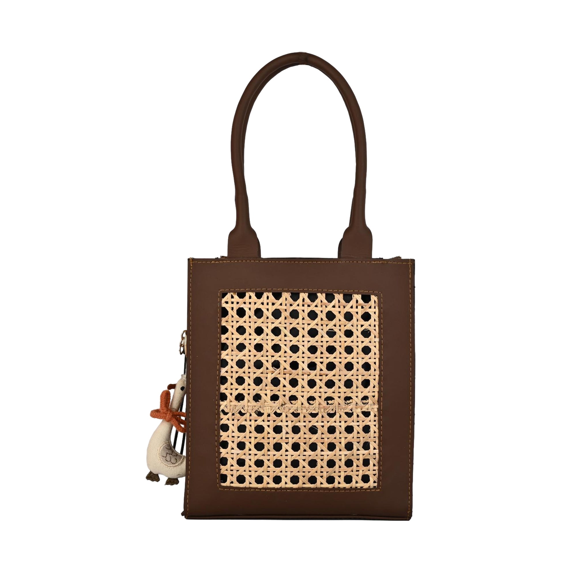 Boho Chic Brown Sling Bag with Natural Rattan Weave