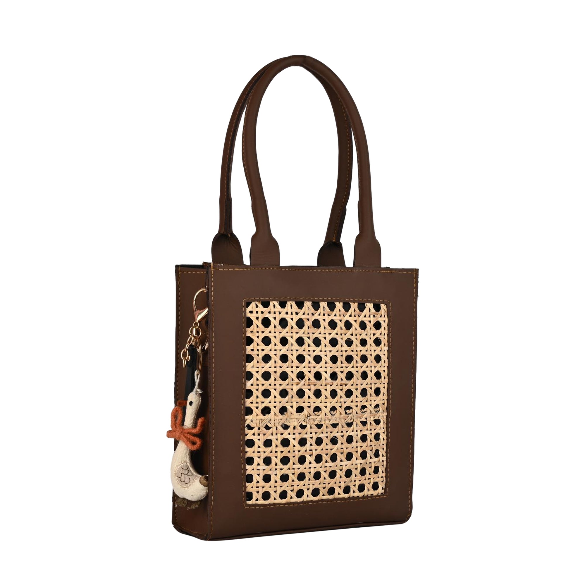 Boho Chic Brown Sling Bag with Natural Rattan Weave