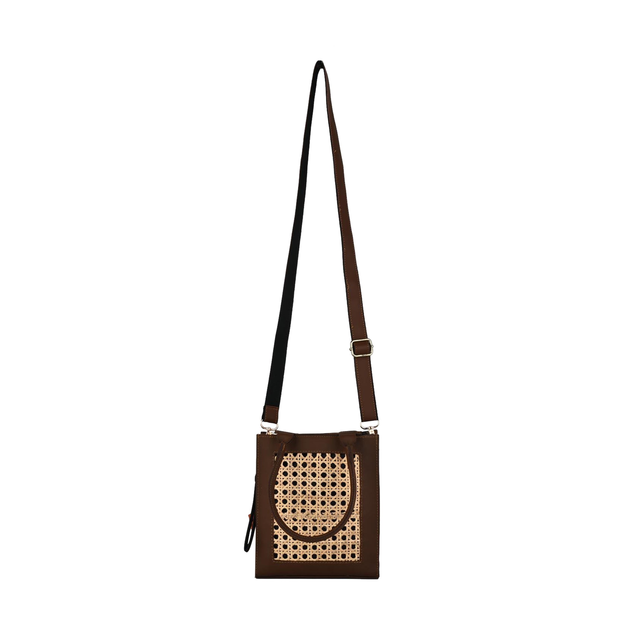 Boho Chic Brown Sling Bag with Natural Rattan Weave