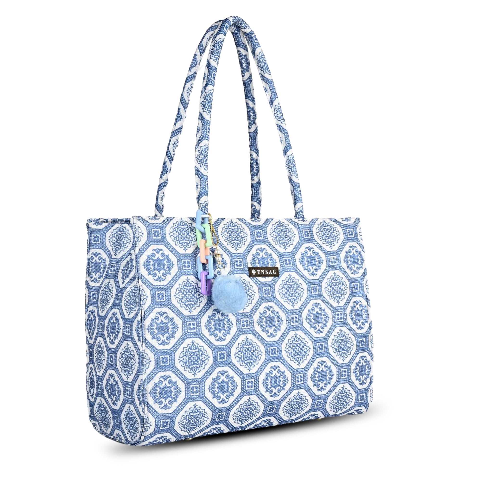 Blue Printed Tote Bag with Pom-Pom Charm