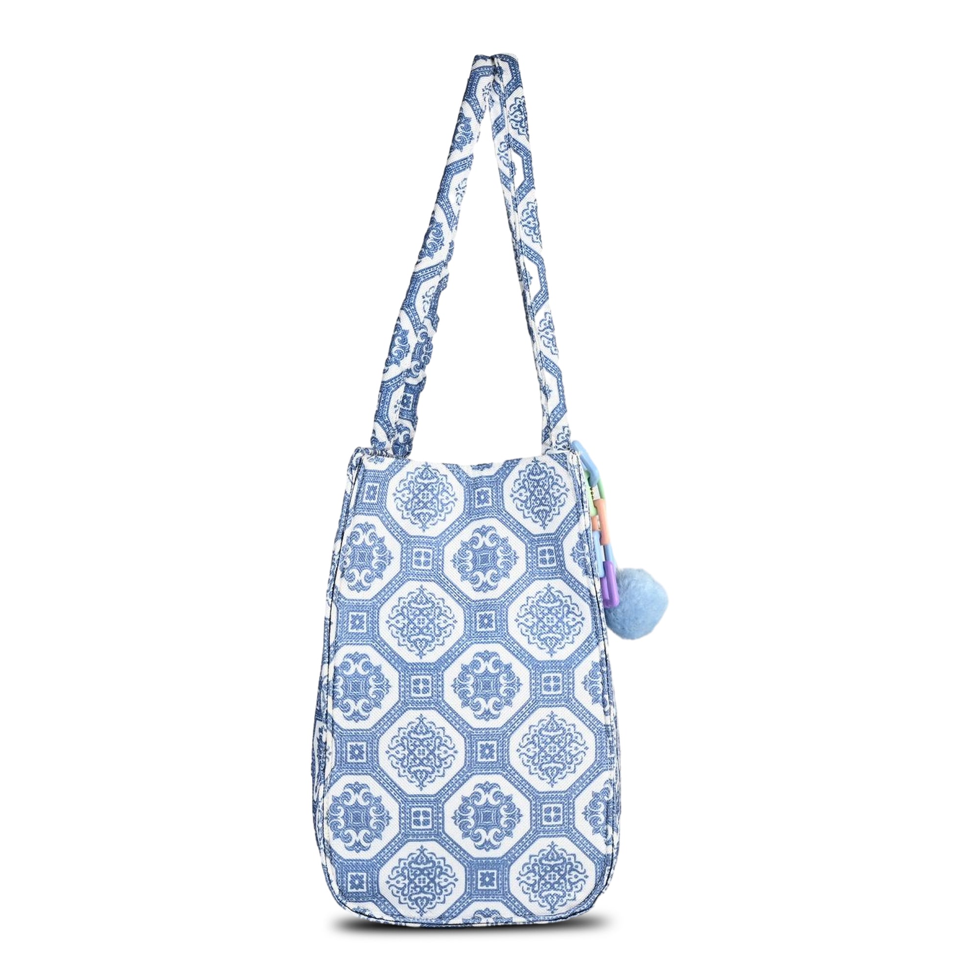 Blue Printed Tote Bag with Pom-Pom Charm