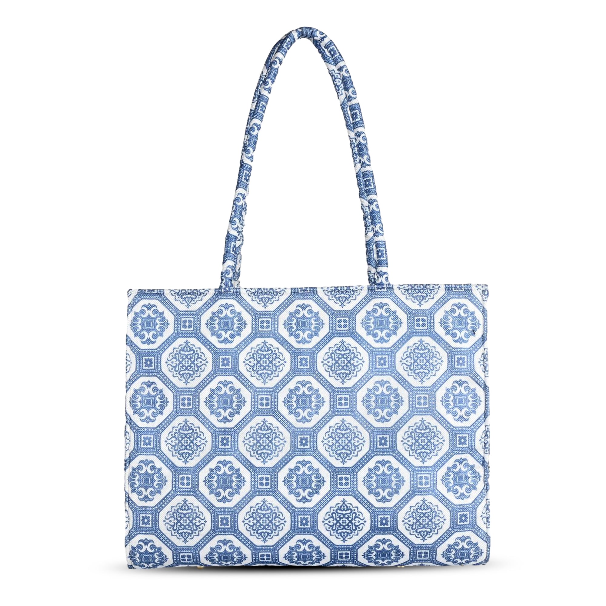 Blue Printed Tote Bag with Pom-Pom Charm