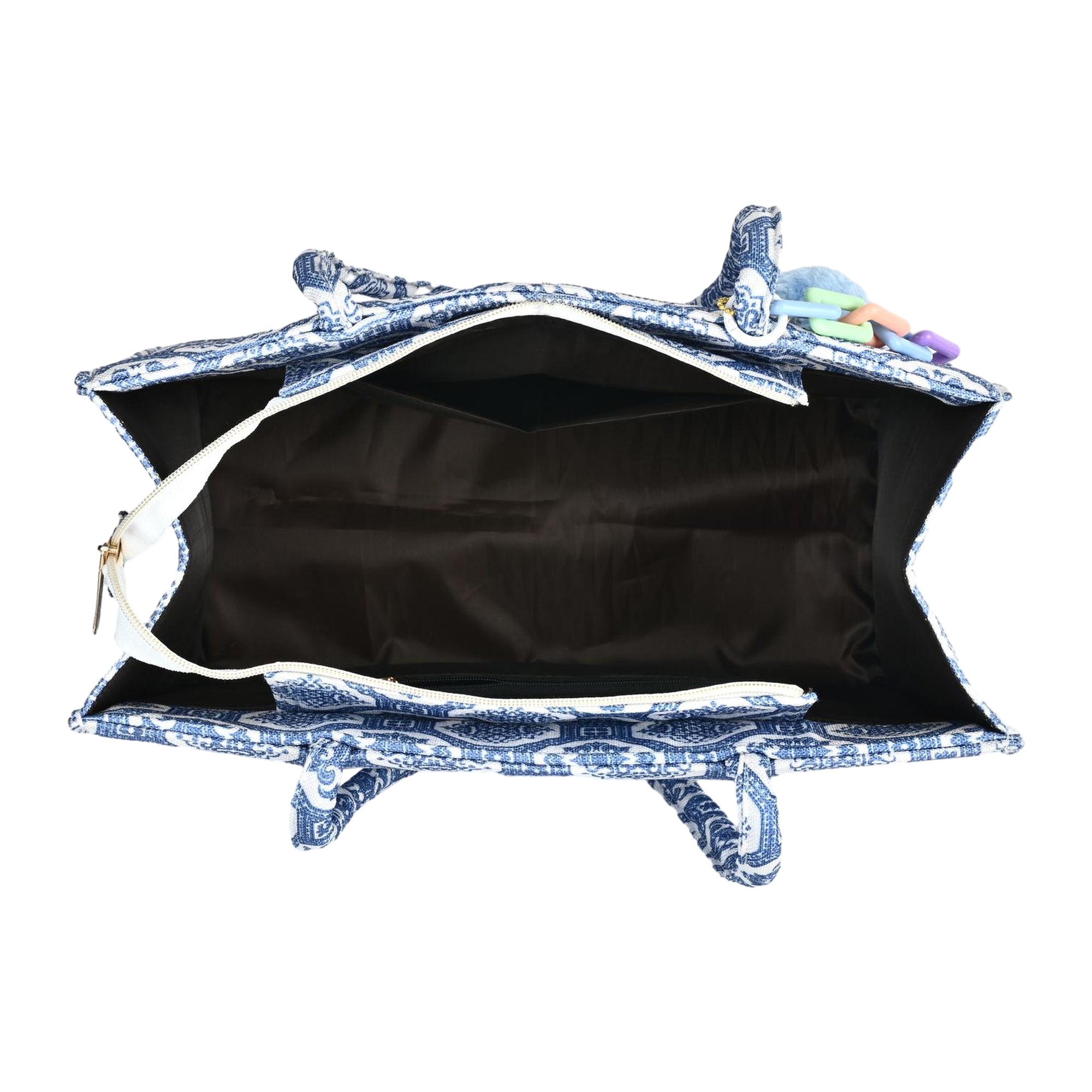 Blue Printed Tote Bag with Pom-Pom Charm