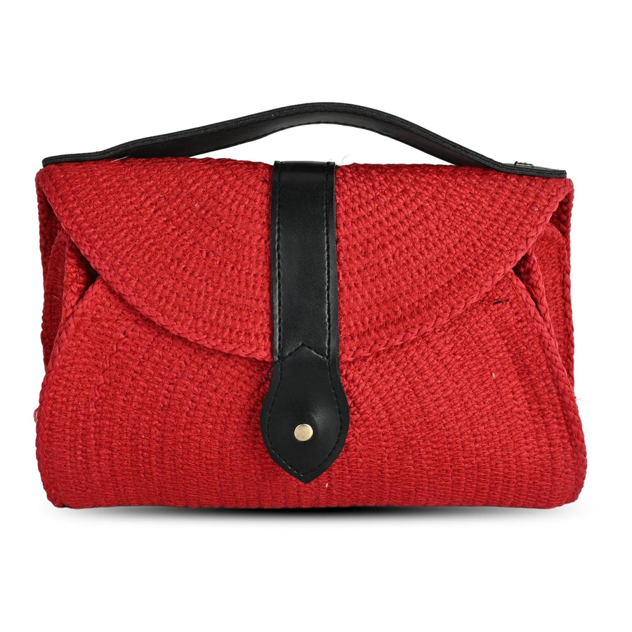 Red Cotton Clutch Bag with Black Strap Closure ensacworld
