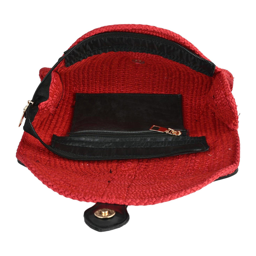 Red Cotton Clutch Bag with Black Strap Closure ensacworld