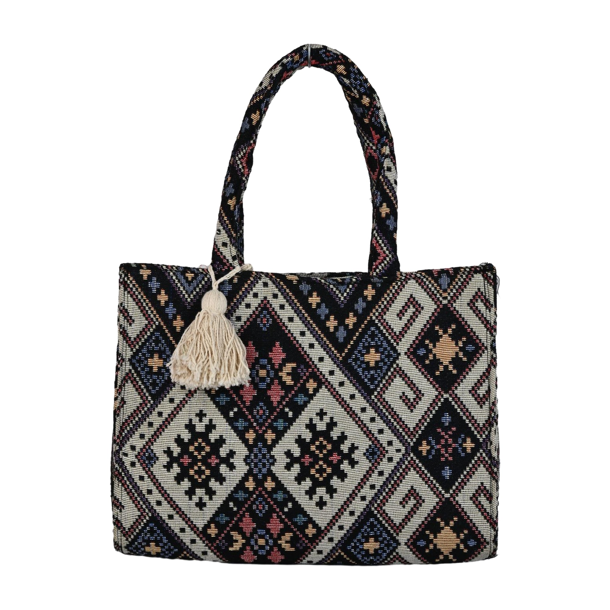Bohemian Woven Geometric Pattern Tote Bag with Tassel