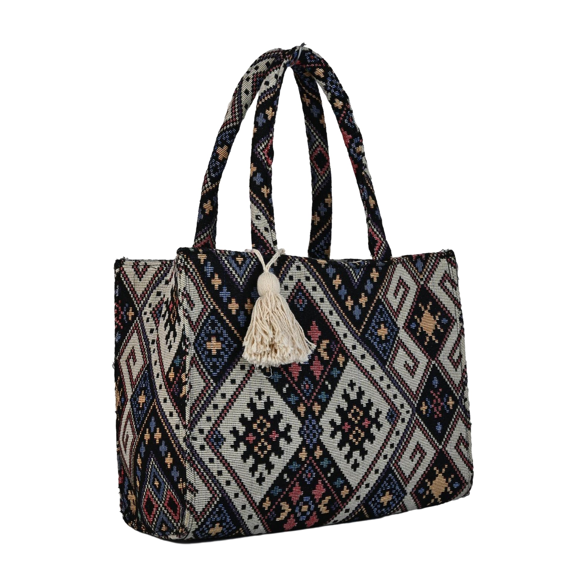 Bohemian Woven Geometric Pattern Tote Bag with Tassel