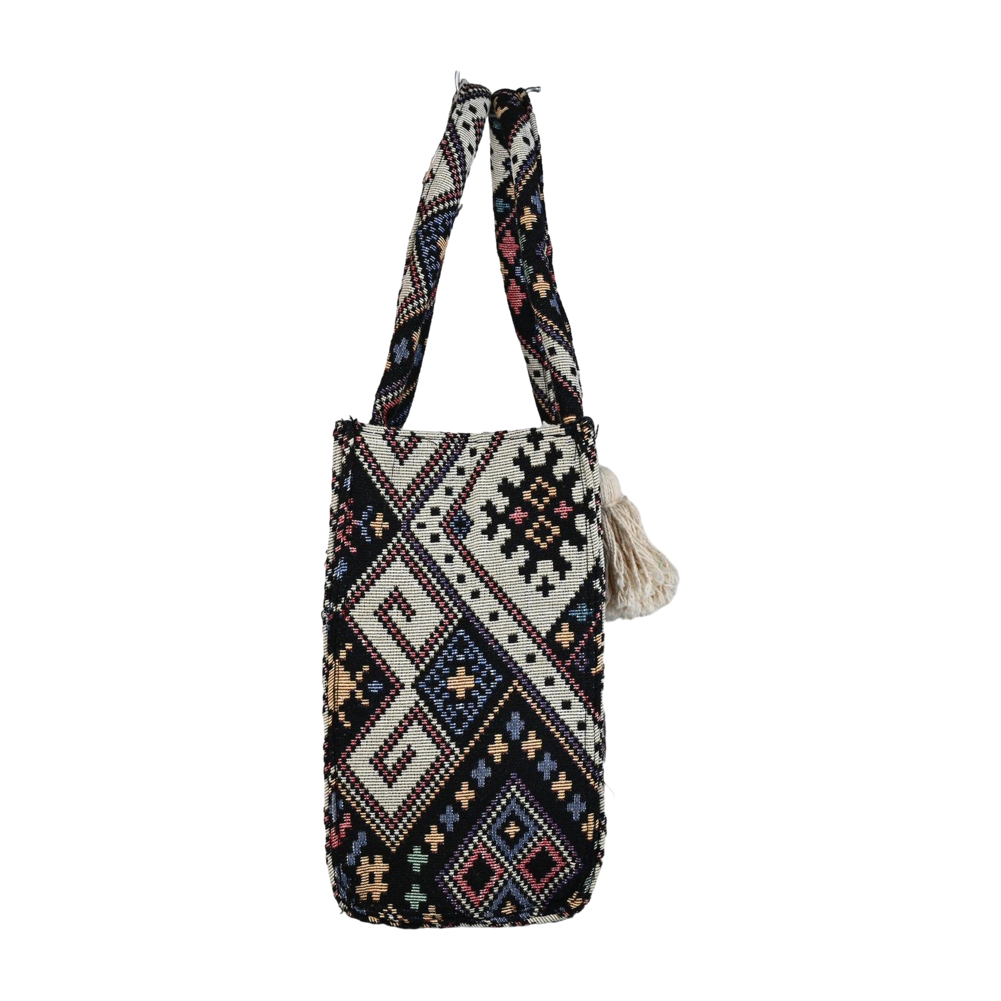 Bohemian Woven Geometric Pattern Tote Bag with Tassel