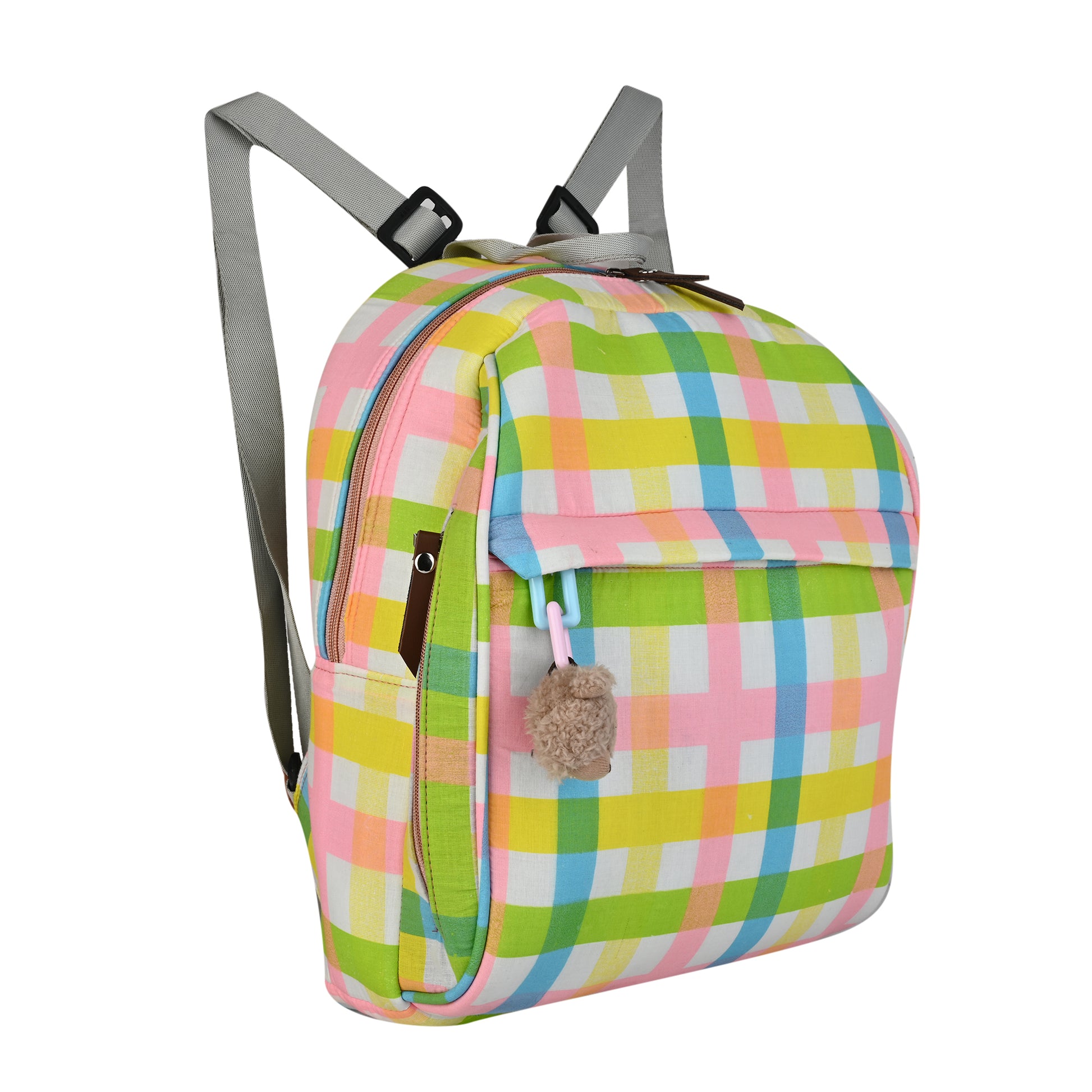 Multi-Color Plaid Checkered Backpack with Teddy Bear Charm