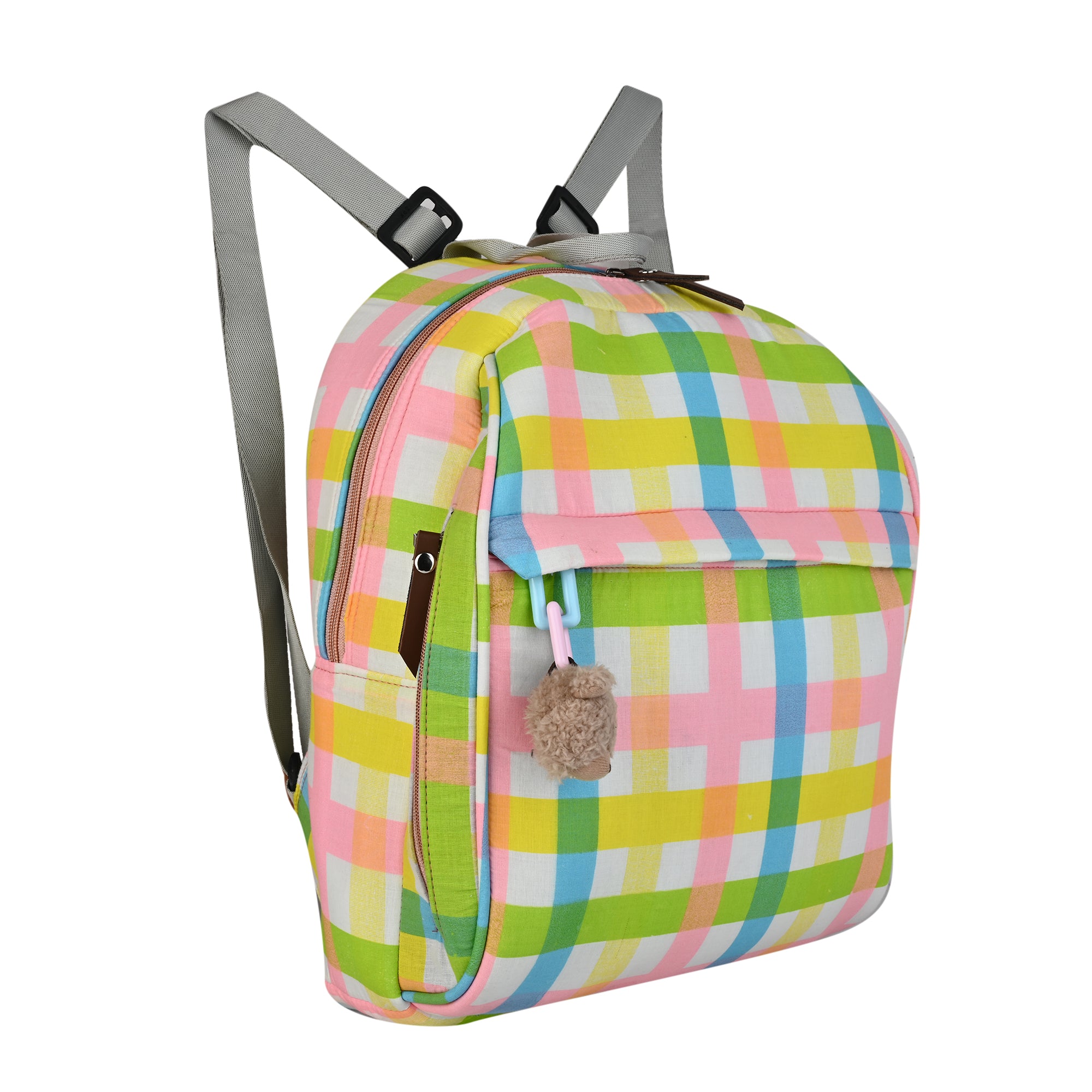 Multi-Color Plaid Checkered Backpack with Teddy Bear Charm