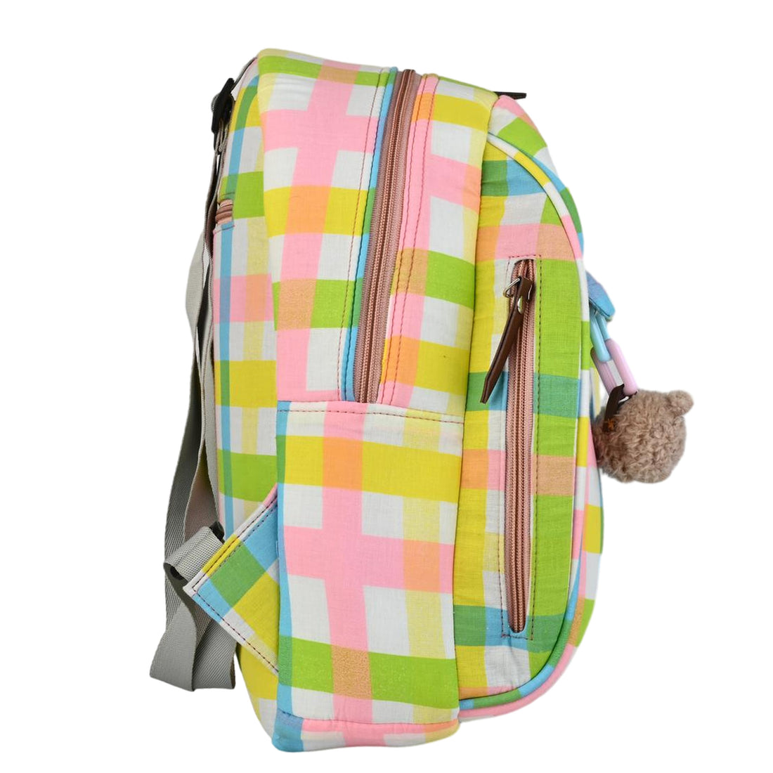 Multi-Color Plaid Checkered Backpack with Teddy Bear Charm