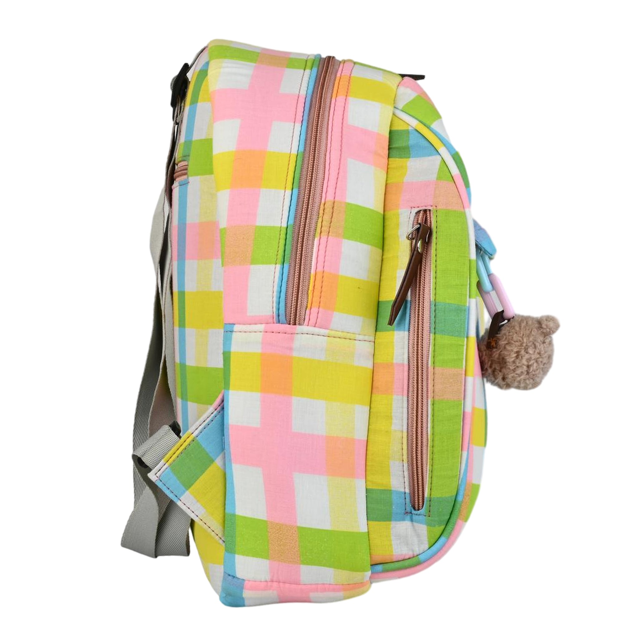 Multi-Color Plaid Checkered Backpack with Teddy Bear Charm