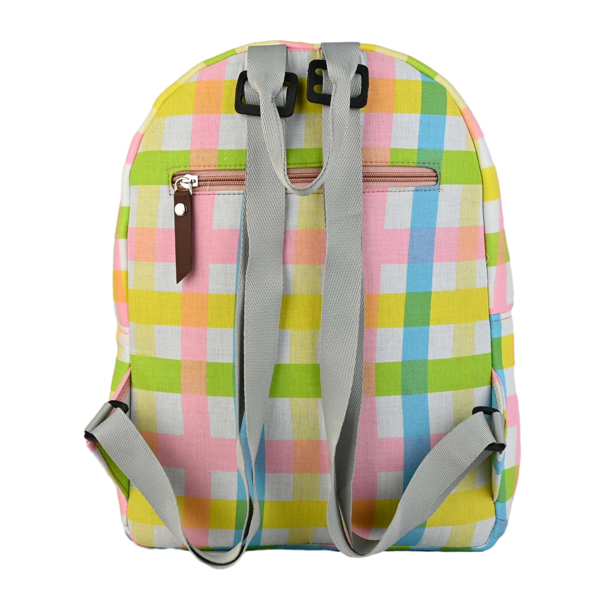 Multi-Color Plaid Checkered Backpack with Teddy Bear Charm