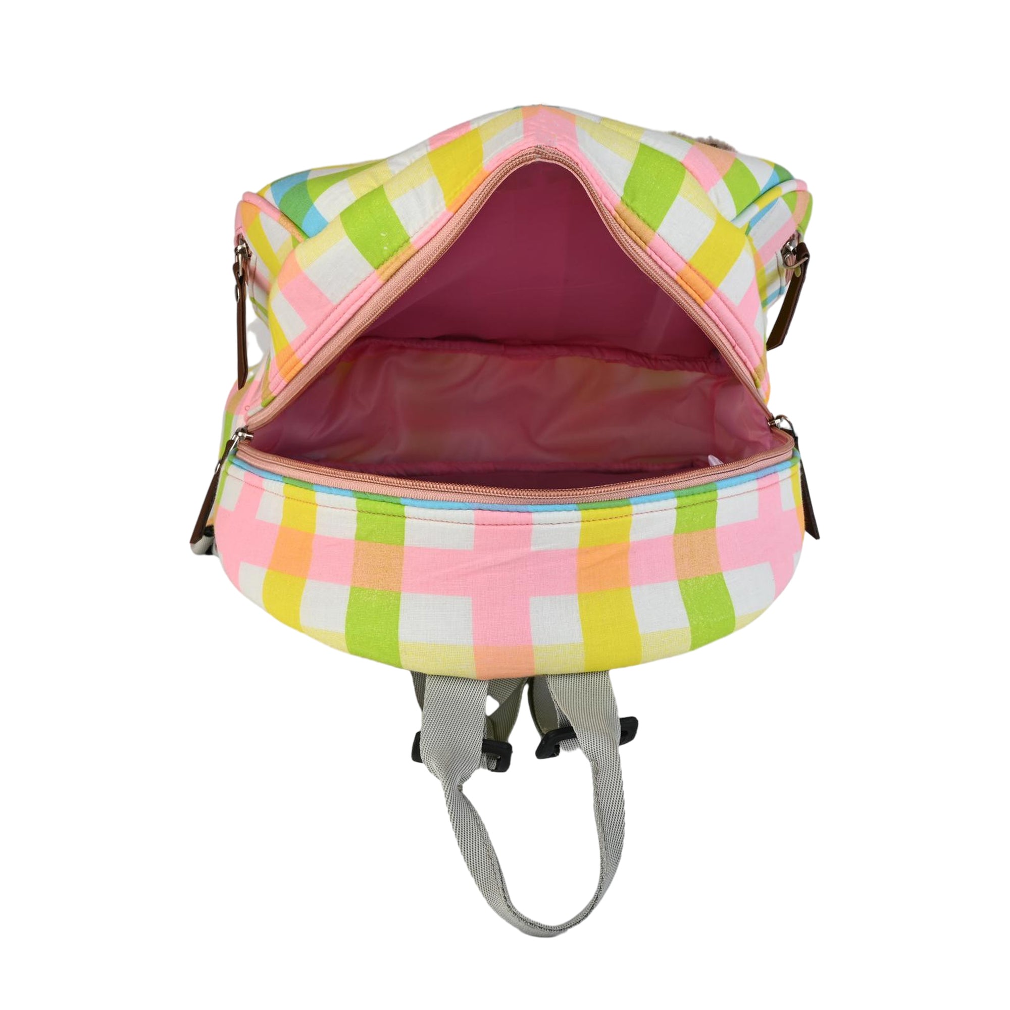 Multi-Color Plaid Checkered Backpack with Teddy Bear Charm