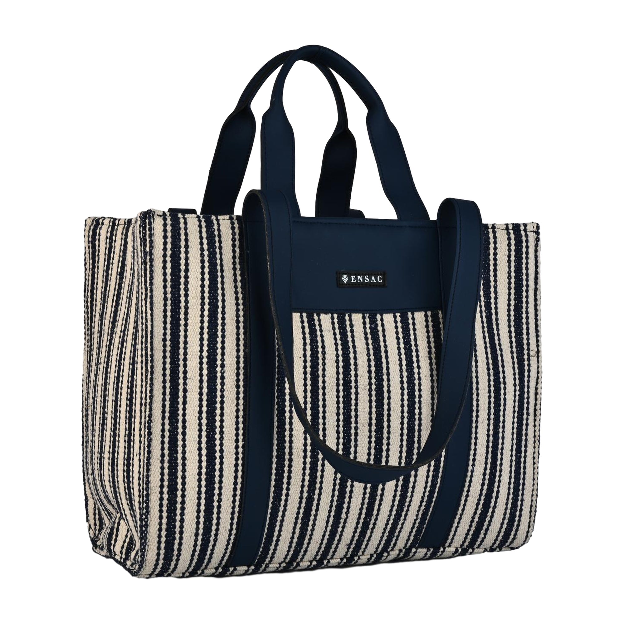 Nautical Striped Tote Bag with Navy Faux Leather Accents