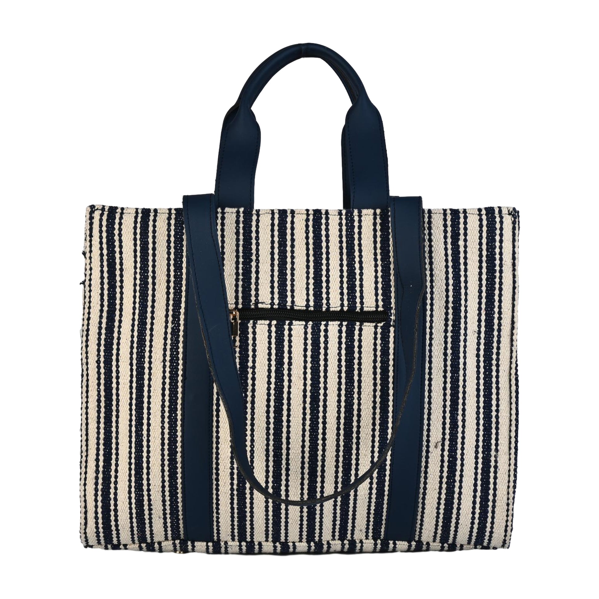 Nautical Striped Tote Bag with Navy Faux Leather Accents