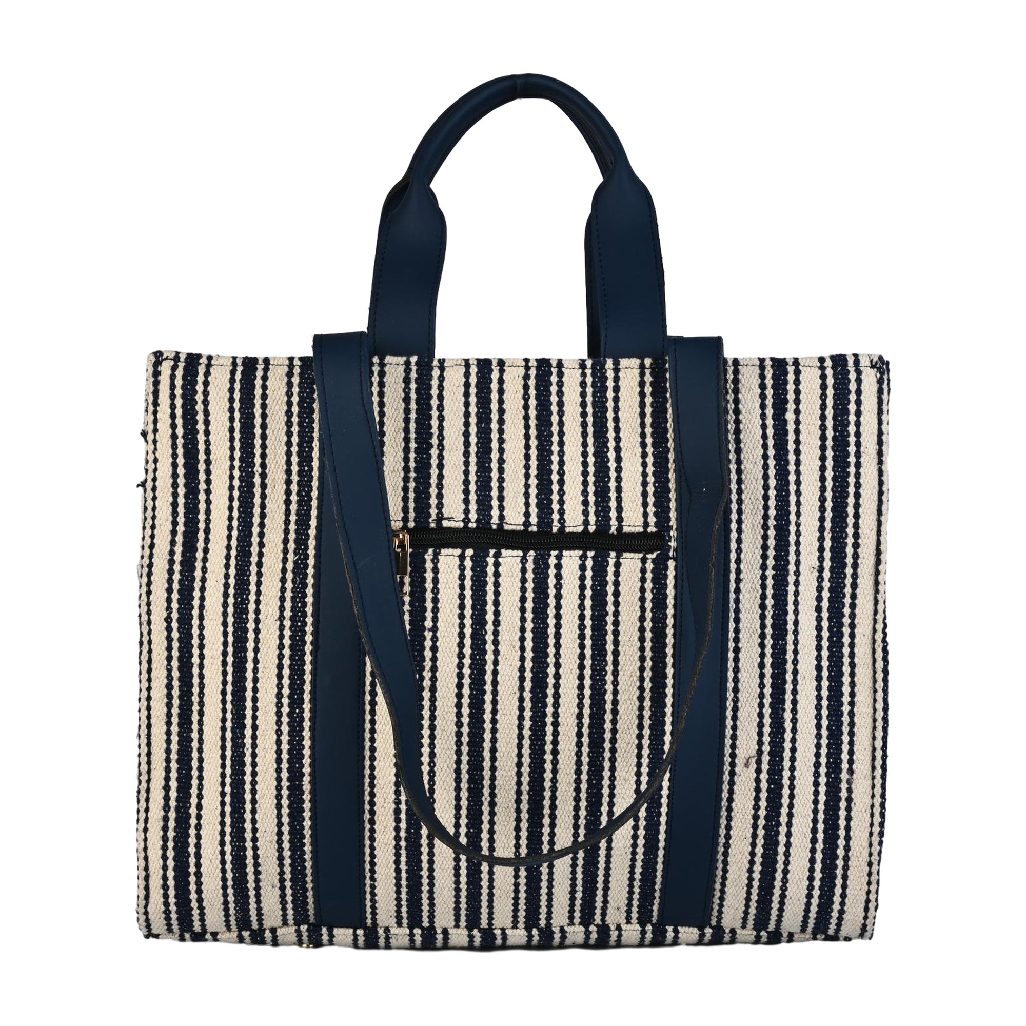 Nautical Striped Tote Bag with Navy Faux Leather Accents