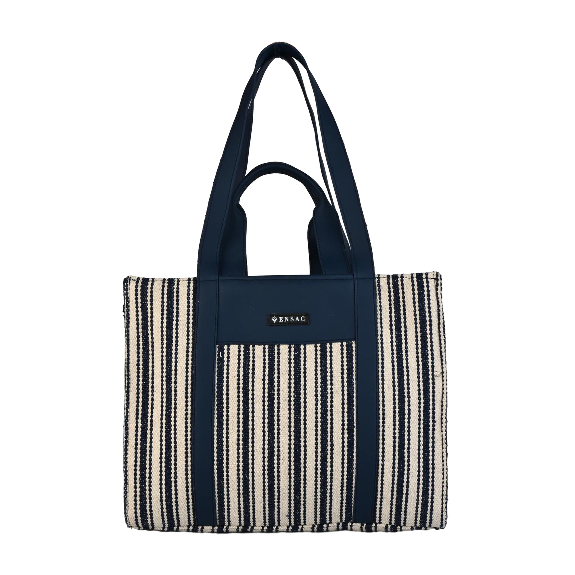 Nautical Striped Tote Bag with Navy Faux Leather Accents