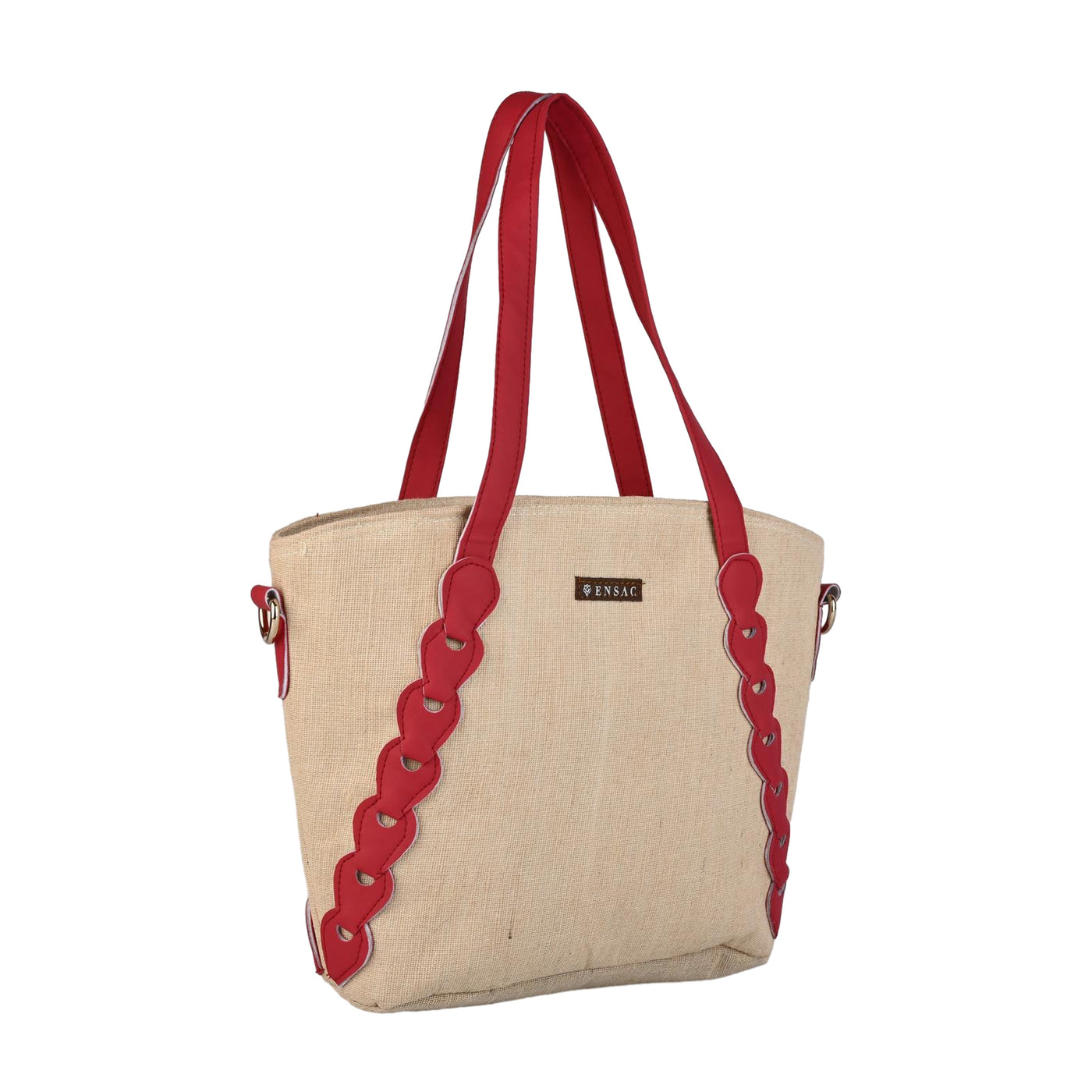 Ensac Red & Beige Jute Entangle Tote Bag | Stylish Handcrafted Handbag for Women