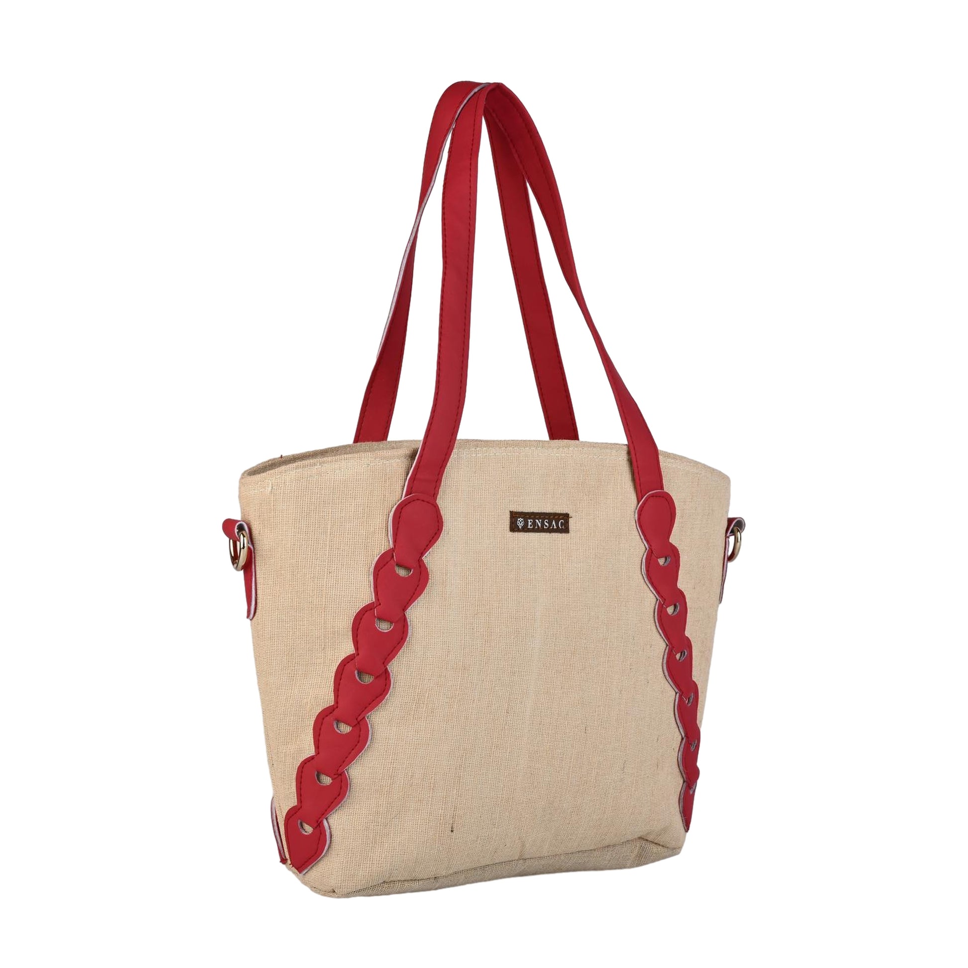 Ensac Red & Beige Jute Entangle Tote Bag | Stylish Handcrafted Handbag for Women
