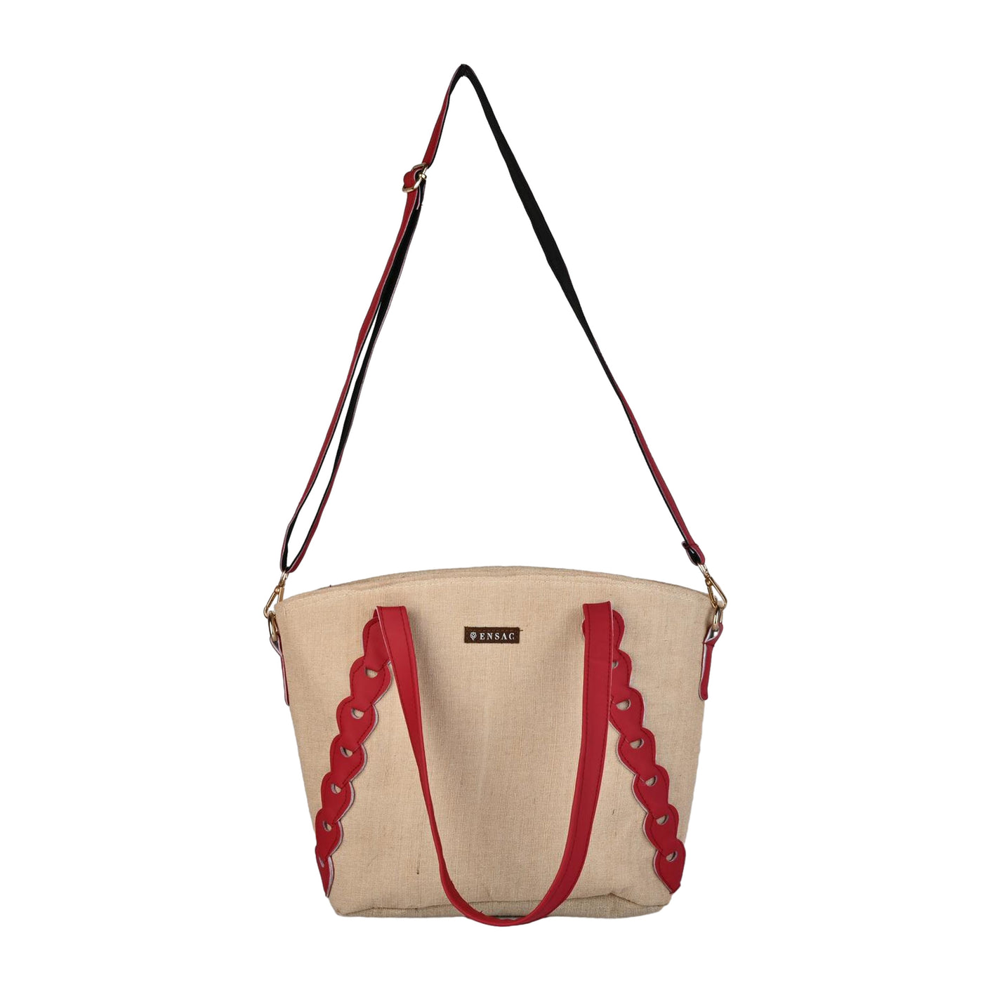 Ensac Red & Beige Jute Entangle Tote Bag | Stylish Handcrafted Handbag for Women