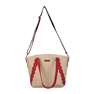 Ensac Red & Beige Jute Entangle Tote Bag | Stylish Handcrafted Handbag for Women