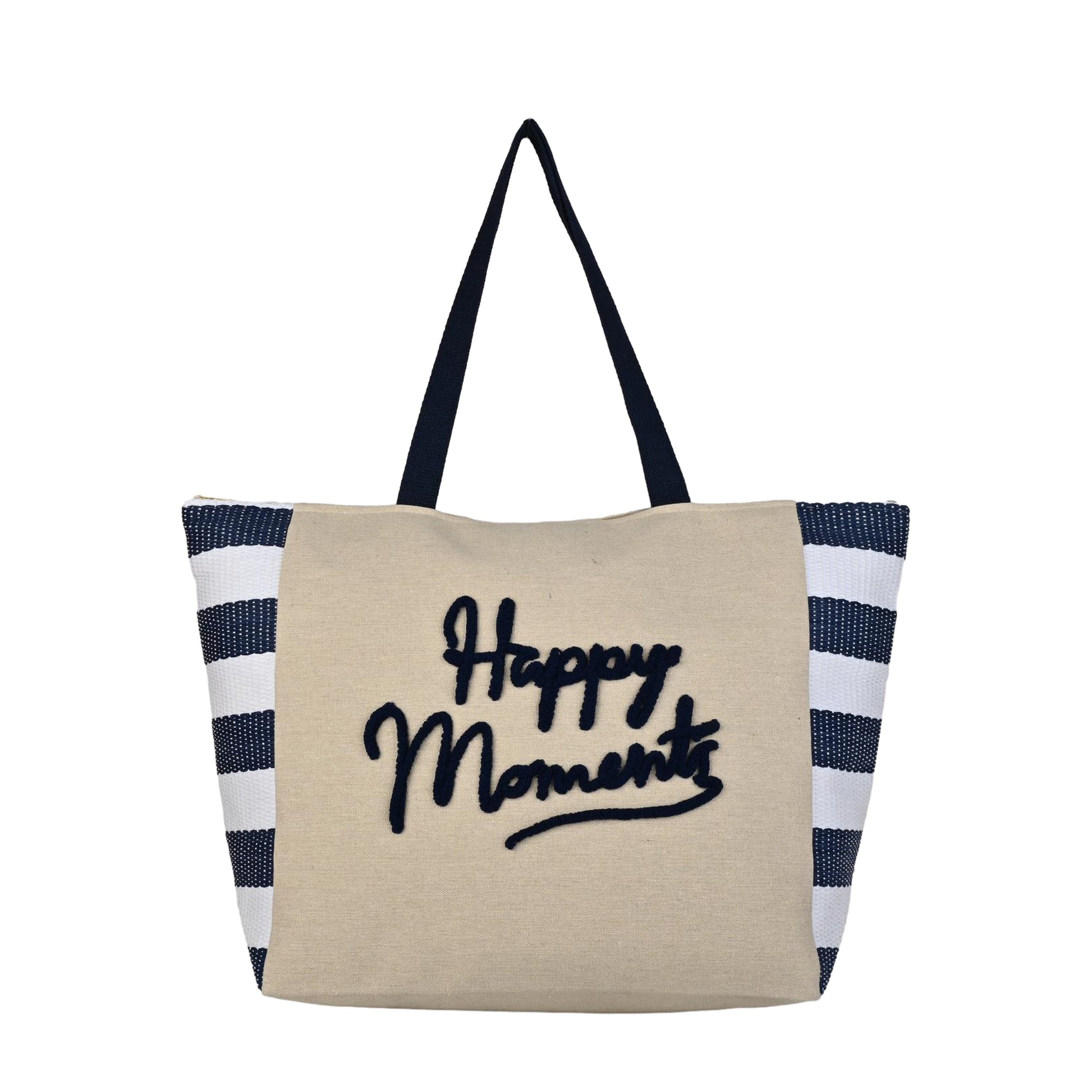 ENSAC “Happy Moments” Blue & White Striped Tote Bag | Stylish & Spacious Everyday Carry
