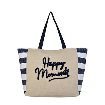 ENSAC “Happy Moments” Blue & White Striped Tote Bag | Stylish & Spacious Everyday Carry