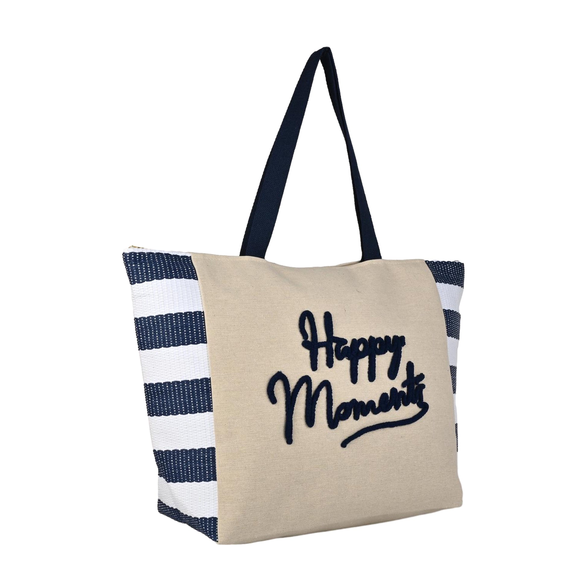 ENSAC “Happy Moments” Blue & White Striped Tote Bag | Stylish & Spacious Everyday Carry