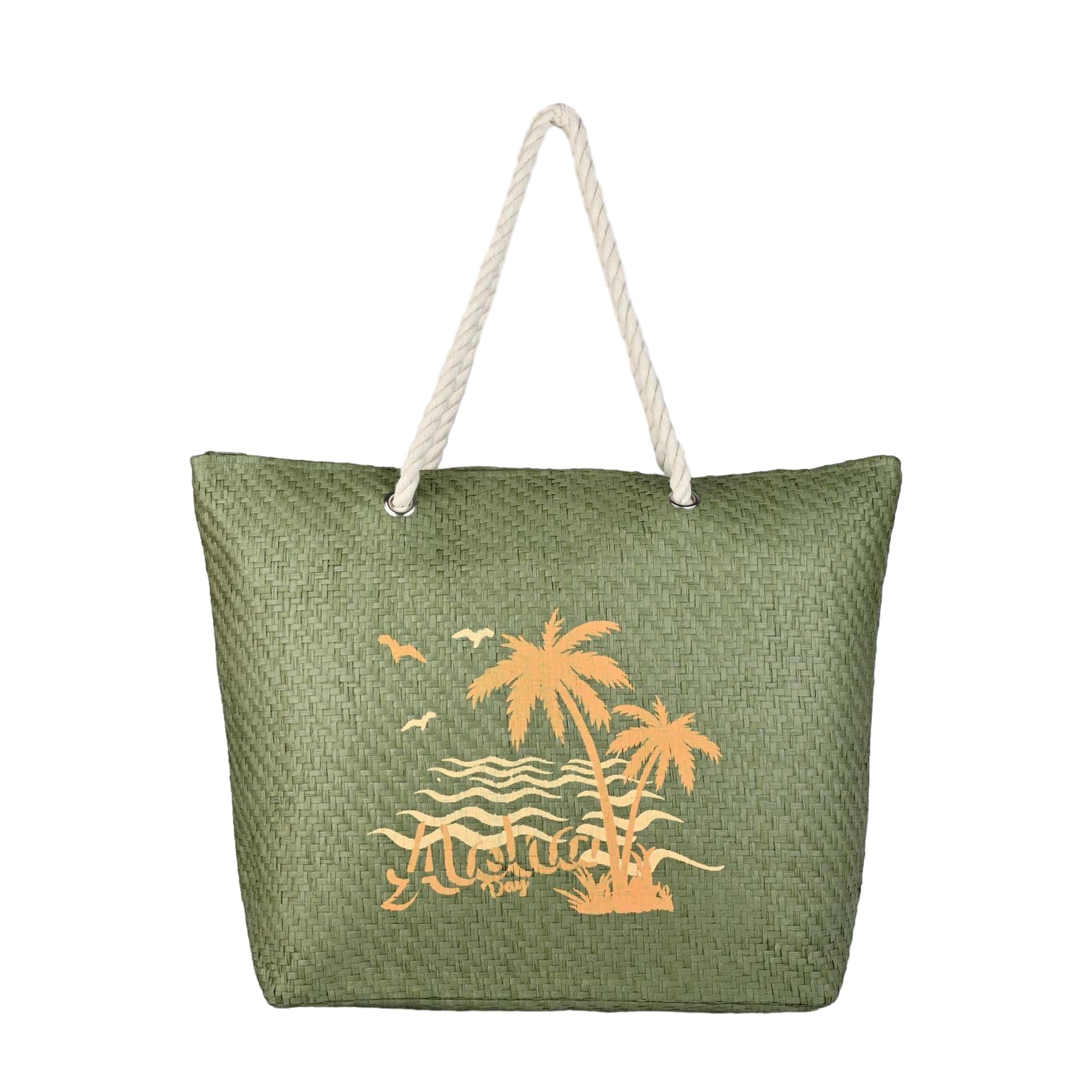 Ensac Aloha Print Paper Straw Beach Tote Bag with Rope Handles | Eco-Friendly Handbag for Women