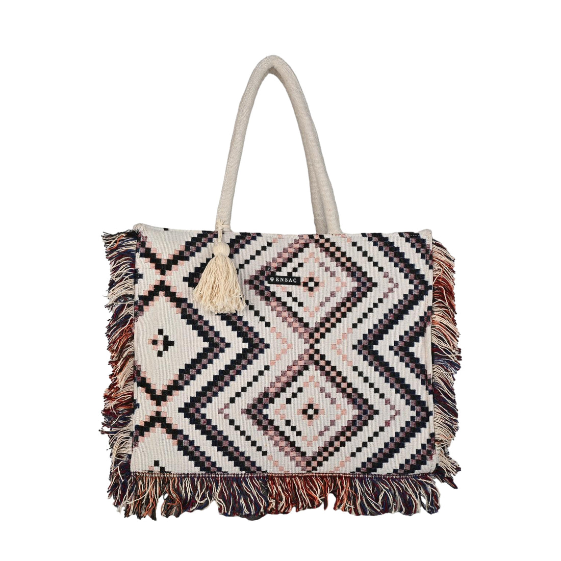 Boho Geometric Woven Fringe Tote Bag - Black, White & Pink