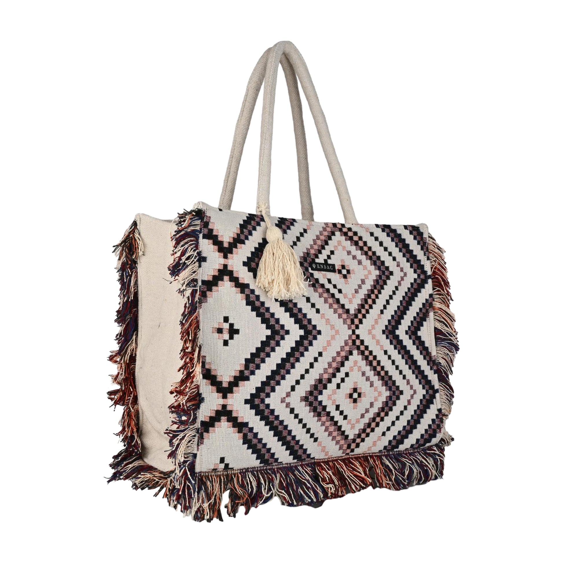 Boho Geometric Woven Fringe Tote Bag - Black, White & Pink