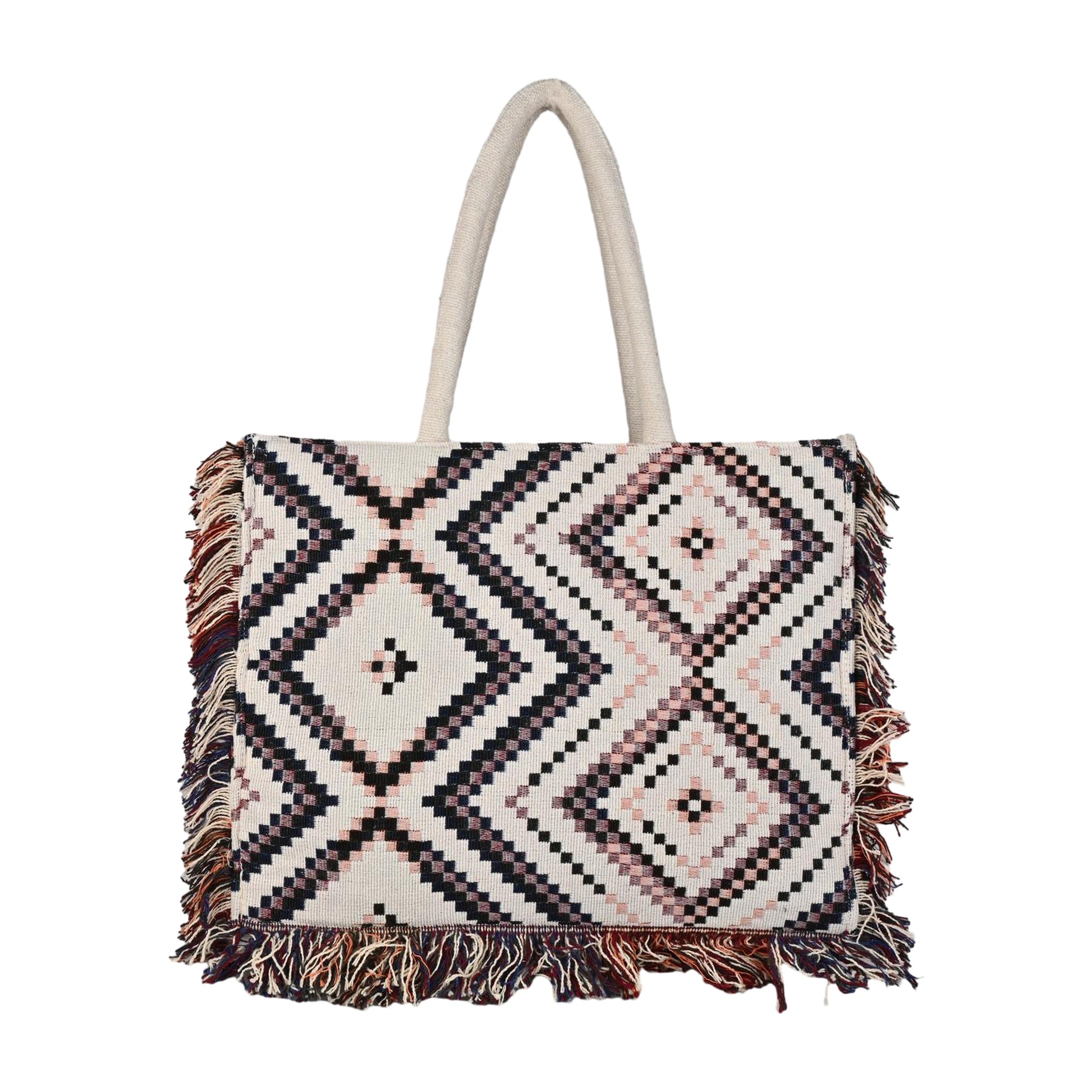 Boho Geometric Woven Fringe Tote Bag - Black, White & Pink